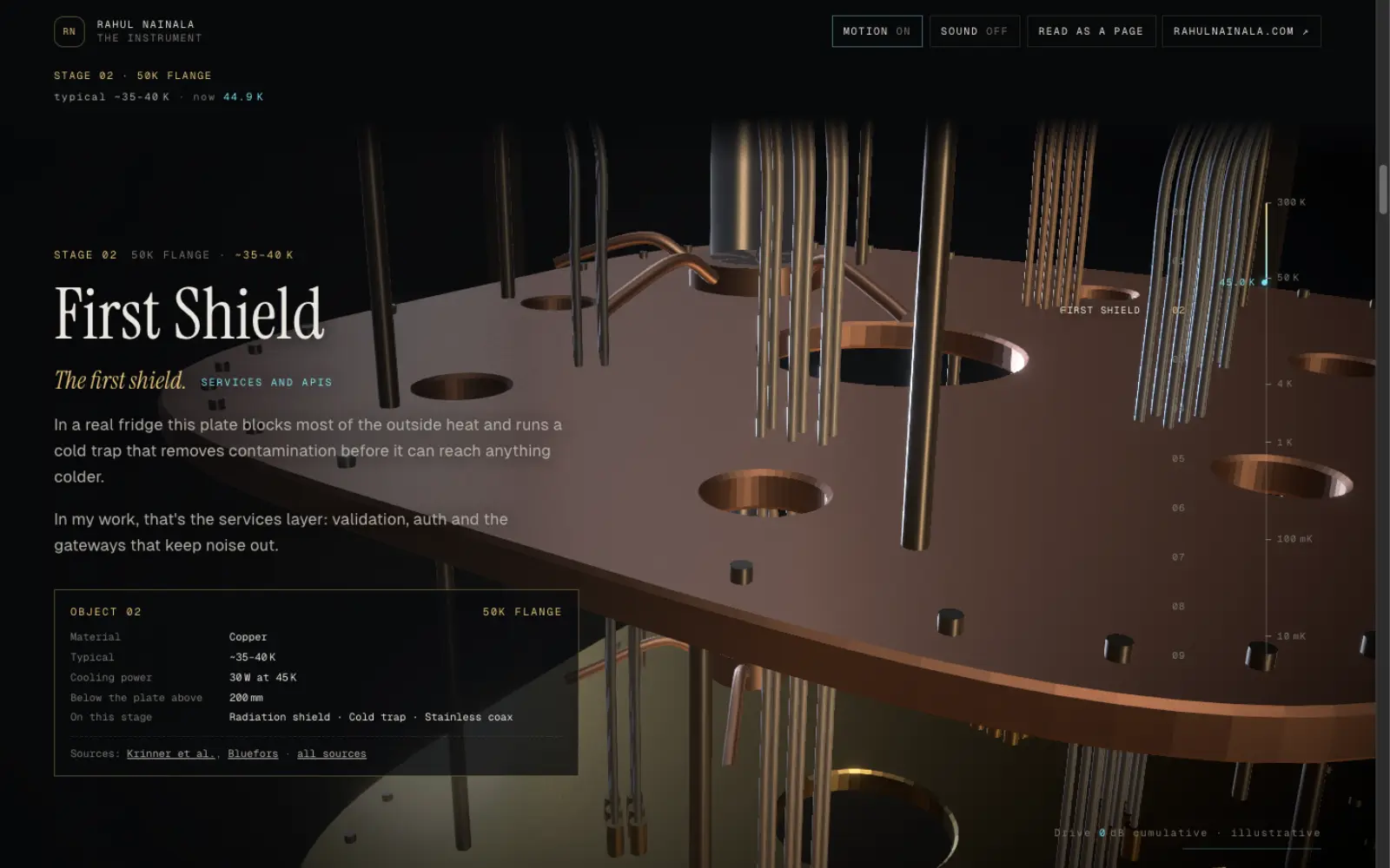 The Instrument's second stage: a copper plate with cables and coax lines rendered in WebGL, beside copy about the services layer and a card listing the plate's material and temperature