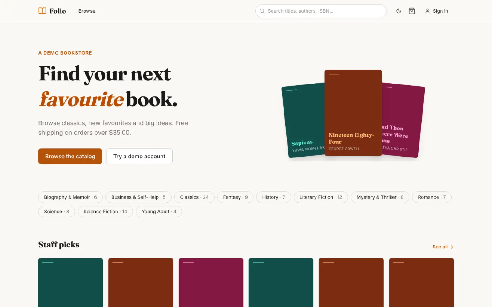 Folio's home page: a serif headline, buttons to browse the catalog or try a demo account, three book covers and genre filters with counts